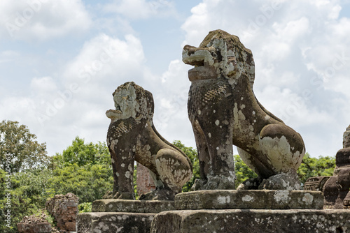 Stone lions covered in lichen guard temple, East Mebon, Angkor Wat; Siem Reap, Siem Reap Province, Cambodia photo