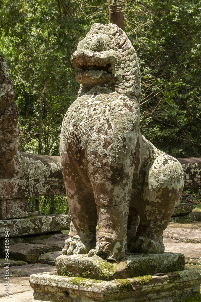 Stone lion covered in lichen, Banteay Kdei, Angkor Wat; Siem Reap, Siem Reap Province, Cambodia Stone lion covered in lichen, Banteay Kdei, Angkor Wat; Siem Reap, Siem Reap Province, Cambodia