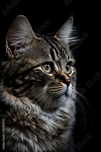 Cat on a isolated black background, studio closeup. Generative ai