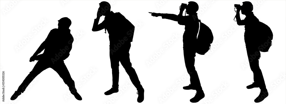 A guy with a backpack behind his back and binoculars in his hands, observes, points forward with his hand and finger. Side view, profile. Four black silhouettes isolated on white. Rescuer. Pull. A guy with a backpack behind his back and binoculars in his hands, observes, points forward with his hand and finger. Side view, profile. Four black silhouettes isolated on white. Rescuer. Pull.