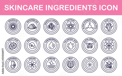 Vector set of design elements, icons, and badges for natural and organic cosmetics skincare ingredients in trendy linear style. Centella asiatica, niacinamide, chromabright, fruity acid, saffron, etc.