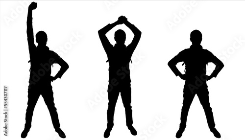 Εκτύπωση καμβά A guy with a backpack behind his back stands and raised one hand high above his head, the other hand on his belt