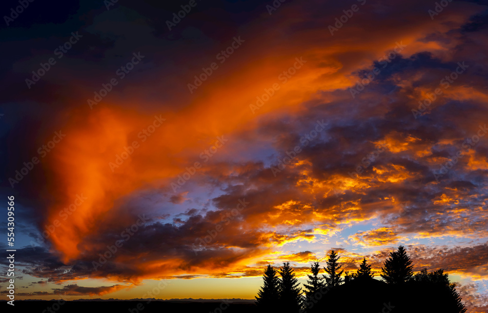 Dramatic colourful sky at sunset with silhouette of evergreen trees in the foreground; Calgary, Alberta, Canada Dramatic colourful sky at sunset with silhouette of evergreen trees in the foreground; Calgary, Alberta, Canada
