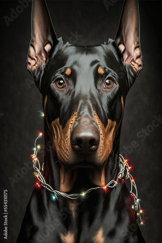 Doberman with Christmas lights, glowing pet dog, dog and Christmas decorations portrait illustration, puppy studio shot generative ai art, black background