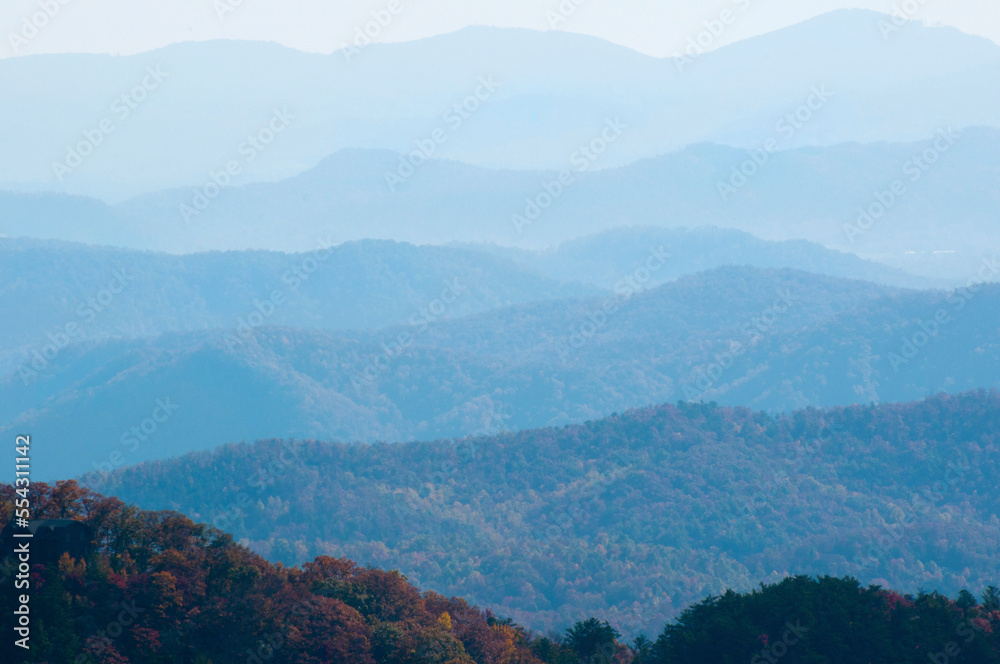 A bluish haze over the Blue Ridge Mountains at sunset.; Blue Ridge Parkway, North Carolina. A bluish haze over the Blue Ridge Mountains at sunset.; Blue Ridge Parkway, North Carolina.