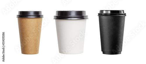 Принти на полотні Set of paper, recyclable, disposable cups with lids for drinks