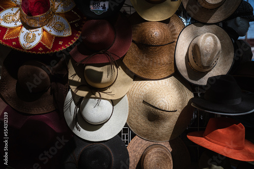 Typical hats of Mexico in a shop of street