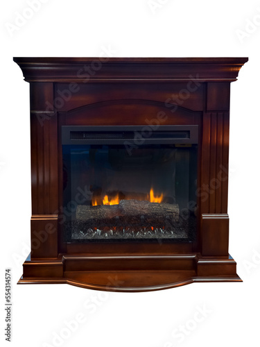 Elegant wooden fireplace with a burning hearth behind the glass isolated on a transparent background.