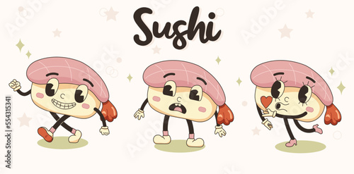 Sushi set illustration in retro cartoon style with sushi lettering. Sushi mascot emotional characters 