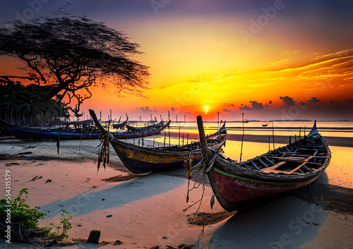 Traditional fishing boat on the shore at sunset, in Thailand Generative ai