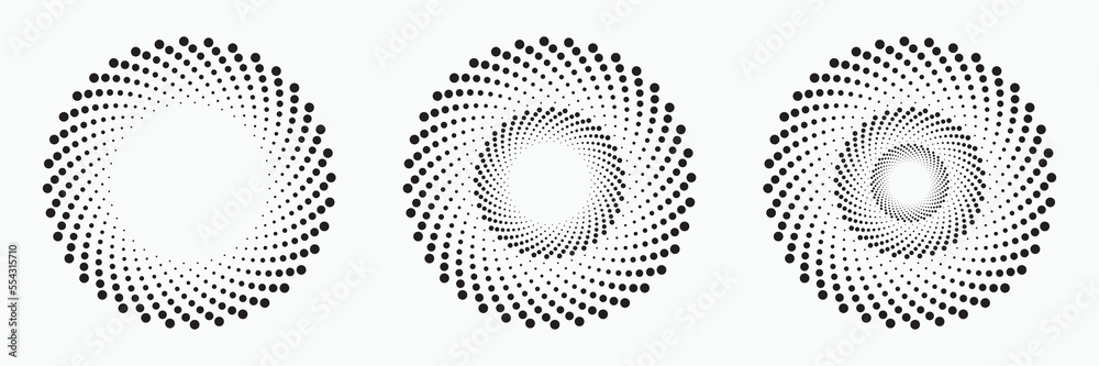 Halftone logo set. Circular dotted logo isolated on the white background. Garment fabric design set. Halftone circle dots texture, pattern, background. Vector design element. Vector illustrations.	
