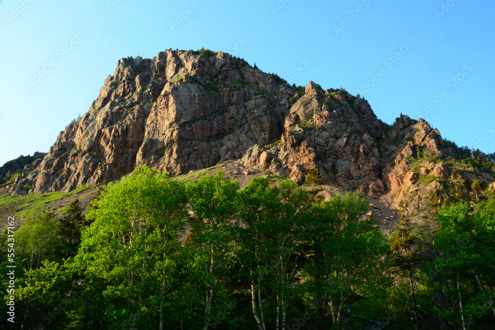 Granite cliffs behind a wall of birch trees in Cape Breton National Park.; Cape Breton Highlands National Park, Nova Scotia, Canada. Granite cliffs behind a wall of birch trees in Cape Breton National Park.; Cape Breton Highlands National Park, Nova Scotia, Canada.