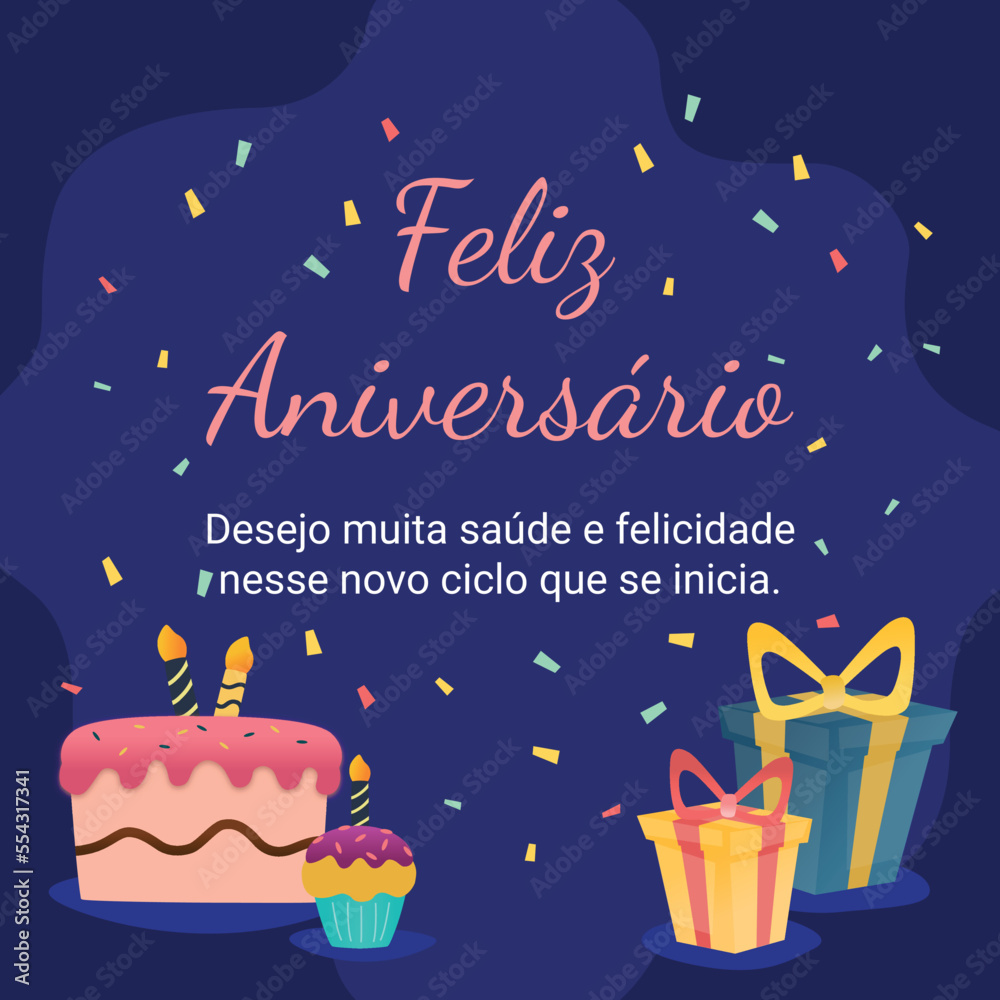 Post de mensagem de feliz aniversário com fundo azul. Card de parabéns com bolo e caixa de presente