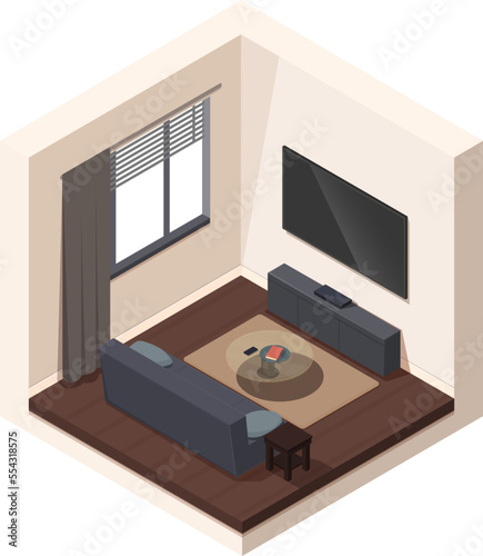 isometric living room with tv and sofa, vector illustration