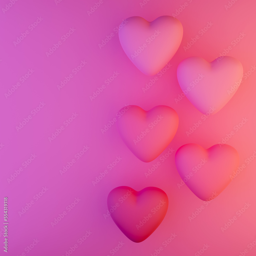 Background with pink hearts 3d illustration.