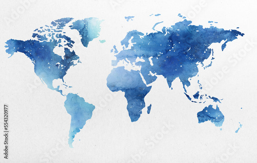 A world map drawn in blue watercolor