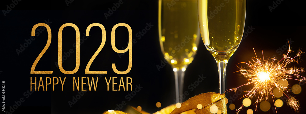 2029 Happy New Year holiday Greeting Card banner - Sparkling wine or champagne glasses, sparkler and bokeh lights on black night sky texture background - obrazy, fototapety, plakaty 