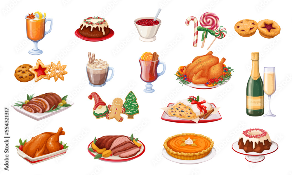 Christmas food and drink set vector illustration. Cartoon isolated