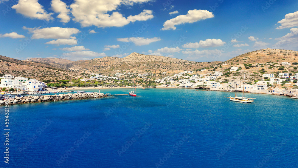 Alopronia is the port of Sikinos with the beach Livadi, Greece
