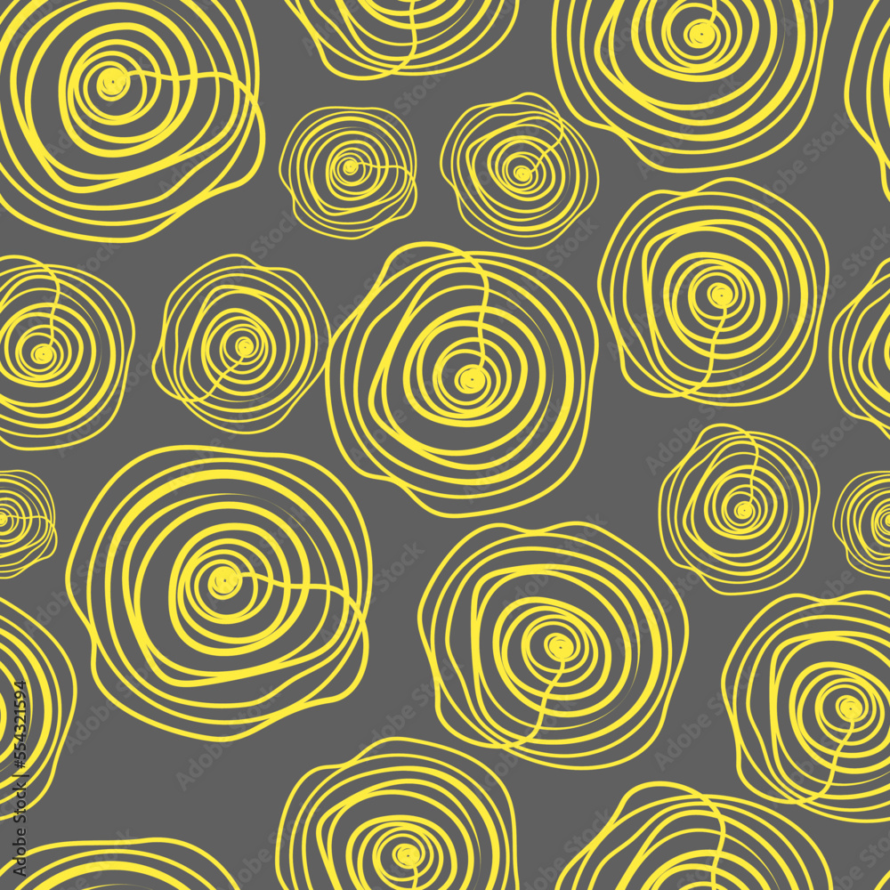 Yellow-gray vector seamless pattern with Sketch of a flower in one continuous line, tangles, bubbles. Modern abstract illustration with bright circles. Template for wallpaper, fabric, covers, sites