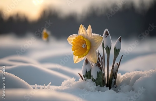Fényképezés illustration of blossom yellow daffodil covered with snow, snow fall,