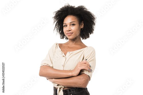 Portrait of a smiling woman with curly hair on a transparent background