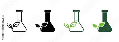 Flask with Leaf Line and Silhouette Icon Color Set. Biology Research Experiment. Equipment for Chemical Symbol Collection on White Background. Organic Scientific Lab. Isolated Vector Illustration