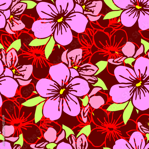 seamless pattern of pink silhouettes and red contours of flowers on a red background  texture  design