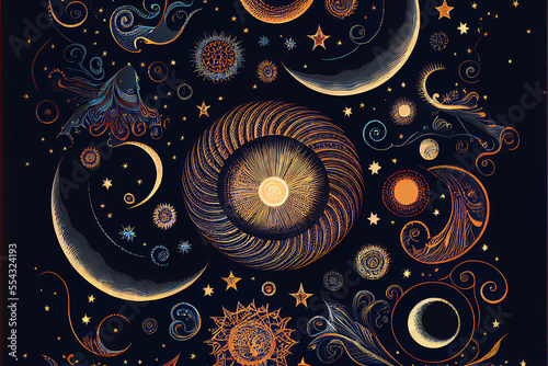 Gold Celestial Pattern - Moon and Stars - AI Art