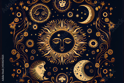 Gold Celestial Pattern - Moon and Stars - AI Art © alyssa
