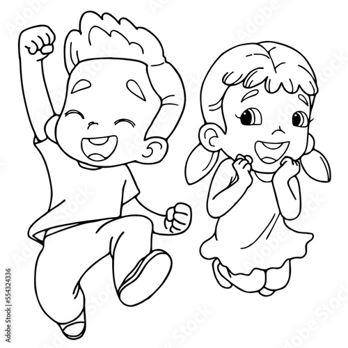 Coloring Book, Happy Kids Jumping.vector illustration isolated on white background.