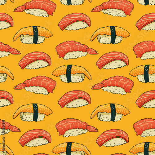 Sushi and rolls seamless pattern in retro style. Doodle vector illustration print for wrapping paper, textile, fabric, wallpaper