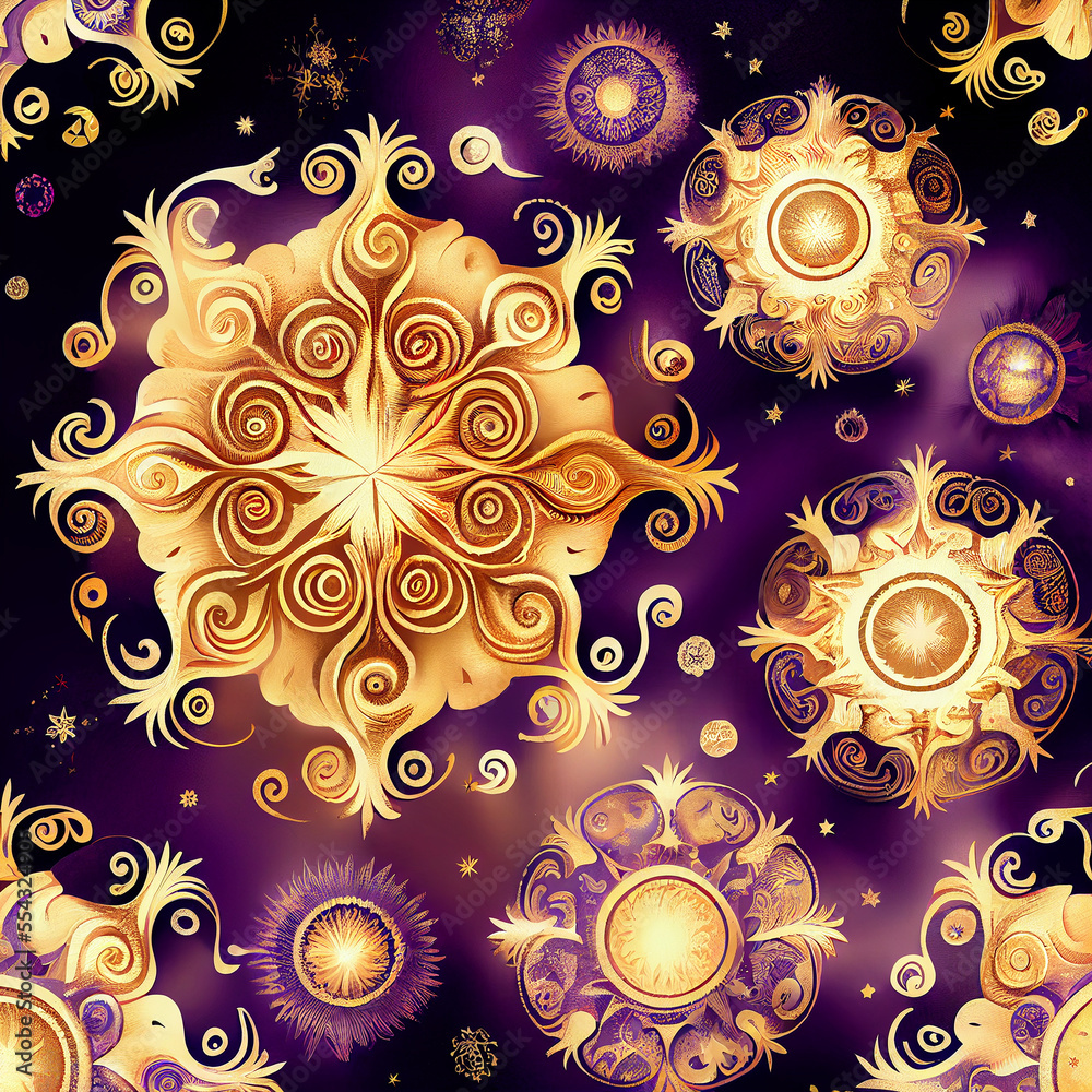 Purple and Gold Celestial Pattern - Moon and Stars - AI Art