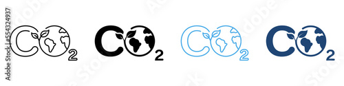 CO2 Sign with Globe and Leaf Line and Silhouette Icon Color Set. Reduction Emission. Carbon Pollution on Earth Symbols on White Background. Sustainability Climate. Isolated Vector Illustration