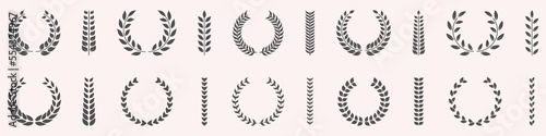 Olive Leaves Branch Award Silhouette Icon. Laurel Wreath, Success Ornament Pictogram, Victory Emblem Set. Champion Reward Chaplet Symbol. Accomplishment Triumph. Isolated Vector Illustration