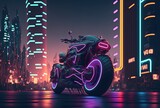 illustration of futuristic style motorbike or big bike with neon light cityscape
