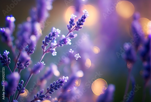 illustration of beautiful Lavender purple flowers blooming with bokeh light , idea for freshness and happiness background or backdrop