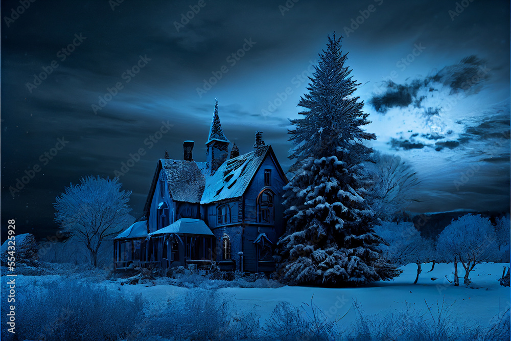 Blue Christmas Landscape Snowy House and Tree - AI Art