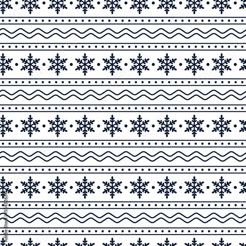 Christmas Seamless Pattern of Dark Blue Snowflakes and Lines on White Backdrop.
