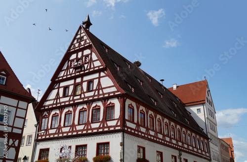 a beautiful ancient Bavarian town of Noerdlingen with its half-timbered houses on a summer day  Bavaria  Germany 