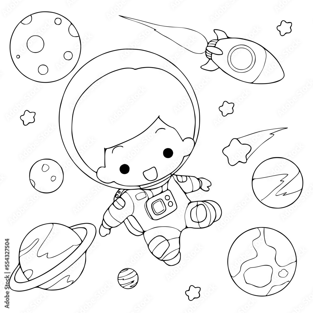 Astronaut cartoon space theme vector illustration isolated on white background.coloring book,coloring page.