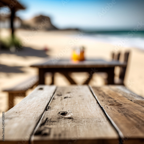 Wooden table at beach with product placement Generative AI