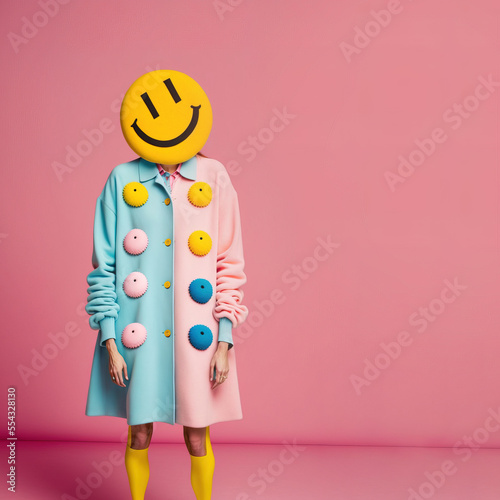 A retro, abstract portrait with an old-fashioned, vintage smiley instead of a face on pink background. Pastel blue modern styling, technological look. Illustration, Generative AI.