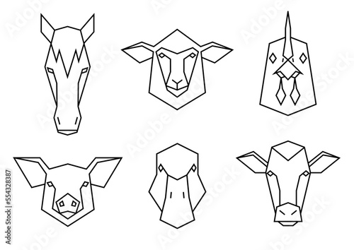 Set of farm animals icons. Geometric heads of a horse, sheep, chicken, pig, duck and cow. Linear style vector collection illustration.