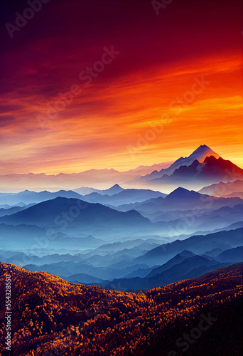 Nature with great mountains at sunrise Generative AI © Dyeru