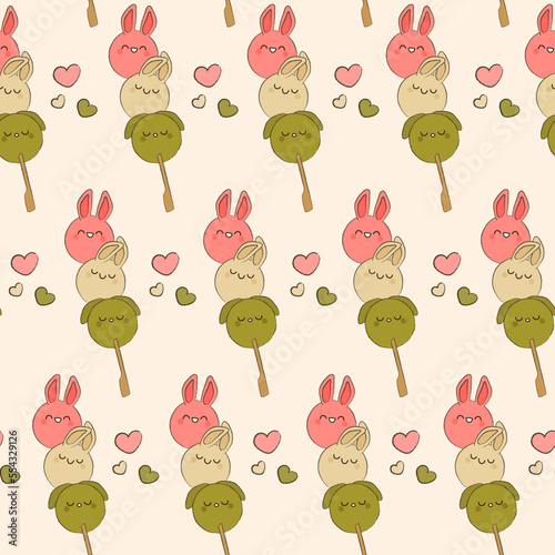 Seamless pattern with kawaii dango characters vector illustration. Hanami dango traditional Japanese dessert. Animal shaped rice dumplings with bunny ears and hearts