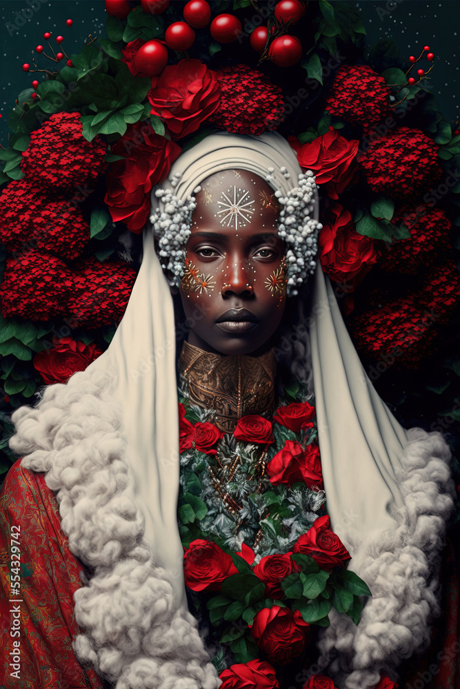 Portrait of a beautiful black Female santa Claus surrounded by December birth flowers, holly and narcissus, christmas, santa claus, Afrofuturism concept -Generative ai