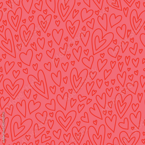 Seamless pattern background with hand drawn heart outline doodles. Cute simple romantic background with hearts icons for Valentines Day, wedding, love design, greeting card, poster, banner, print