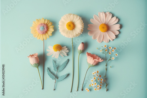 Flat lay creative illustration concept of fresh field Spring flowers on pastel blue background. Beautiful pink bloomed flowers. Generative AI. photo