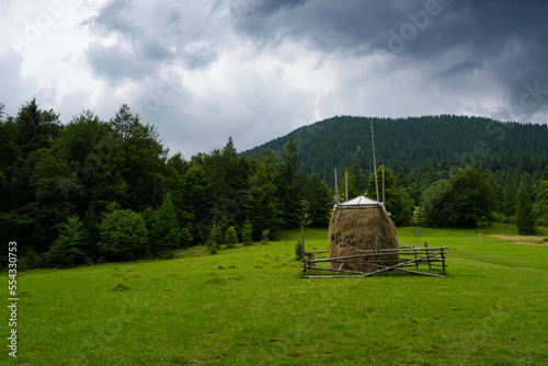 Glade in the mountains and on it a haystack photo